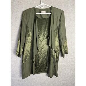Vintage 90s Olive Green Sheer Chiffon Satin Cardigan Open Front Drape Shawl XL